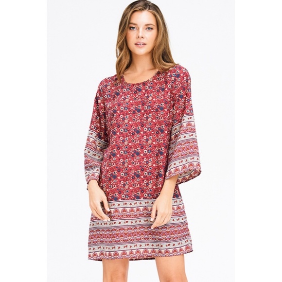 Burgundy Floral Ethnic Print Boho Mini Dress - Picture 4 of 5